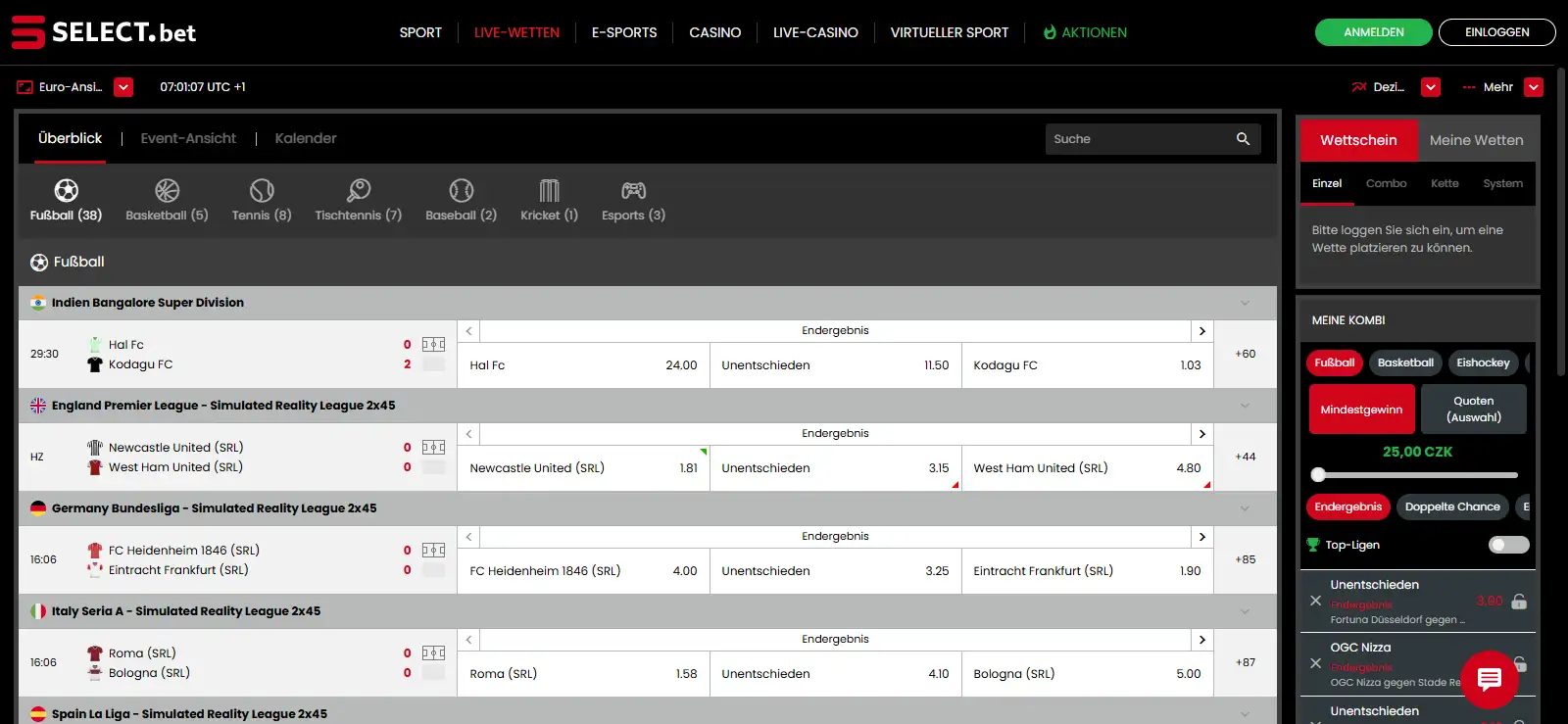 Live-Wettenbereich von Selectbet mit laufenden Partien und grafischem Spielstand