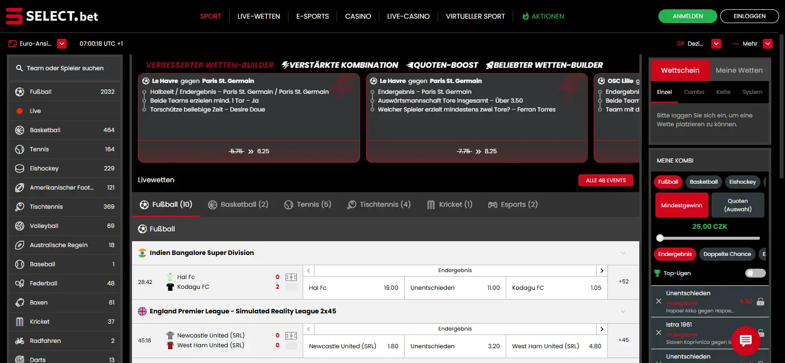 Wettübersicht von Selectbet mit Sportarten und nebeneinanderstehenden Wettmärkten
