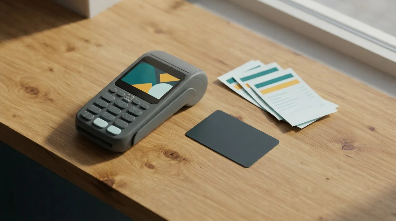 Schlichtes Kartenterminal neben Bankkarte und aufgereihten Zahlungsbelegen