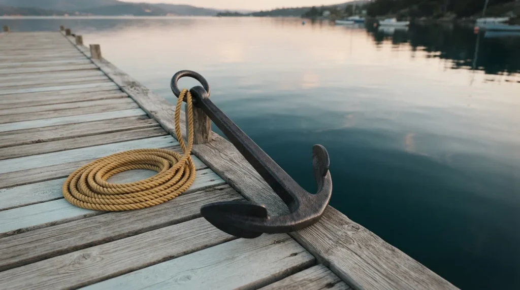Schwerer Anker aus Metall liegt auf einem hölzernen Steg an ruhigem Wasser