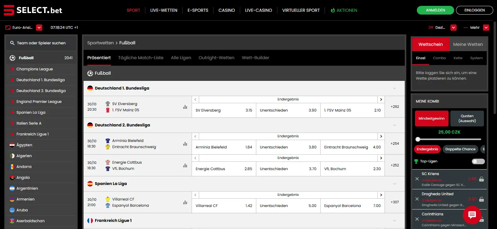 Fußballauswahl mit Ligabezeichnungen und Wettmärkten im Sportwettenbereich von Selectbet