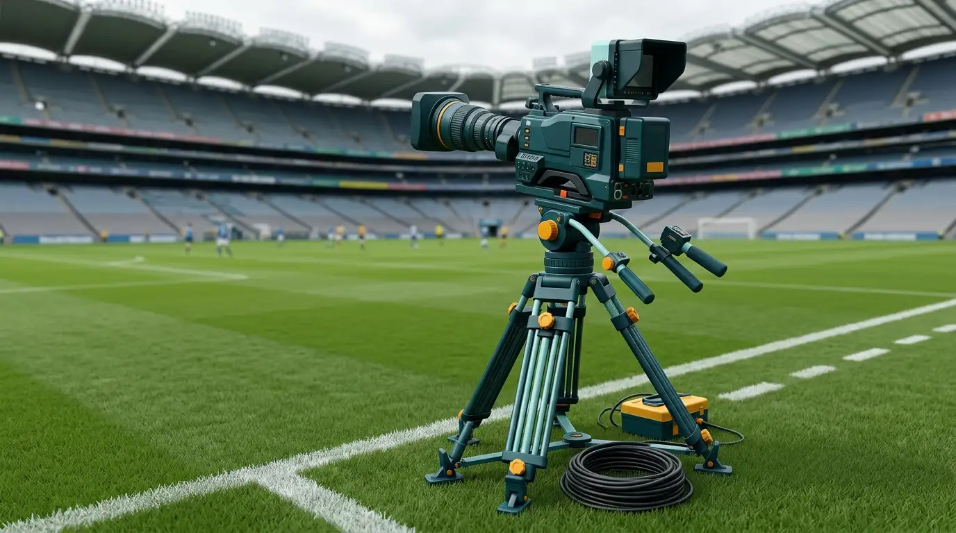 Fernsehkamera auf einem Stativ neben dem Spielfeld in einem Stadion