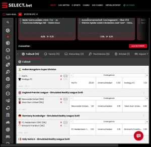 Mobile Browseransicht von Selectbet mit Sportauswahl und Wettmärkten auf einem Smartphone