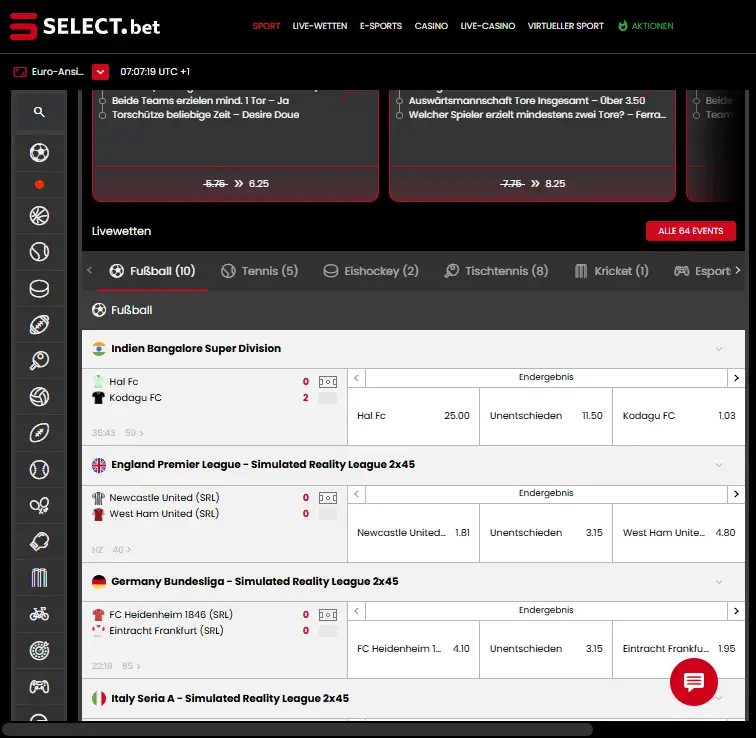 Mobile Browseransicht von Selectbet mit Sportauswahl und Wettmärkten auf einem Smartphone