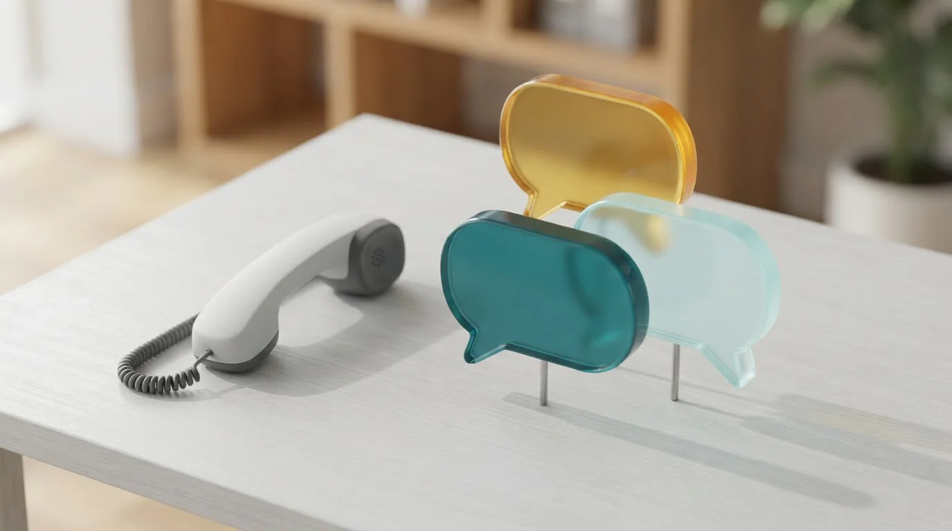 Drei farbige Sprechblasen neben einem Telefonhörer auf einem Tisch